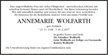 Traueranzeige von Annemarie Wolfarth von Stuttgarter Zeitung / Stuttgarter Nachrichten