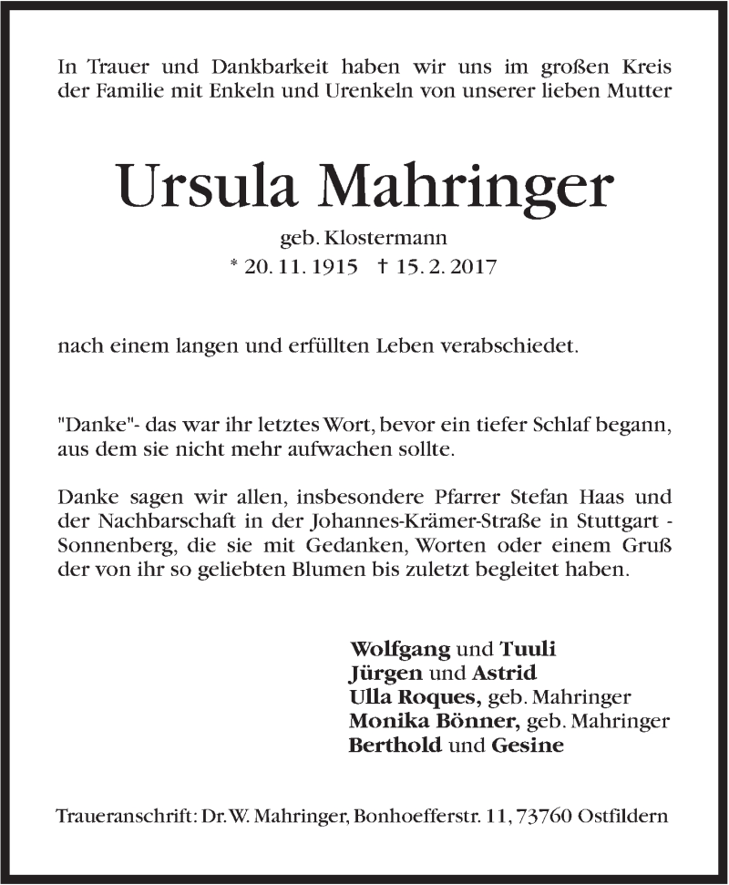  Traueranzeige für Ursula Mahringer vom 04.03.2017 aus Stuttgarter Zeitung / Stuttgarter Nachrichten
