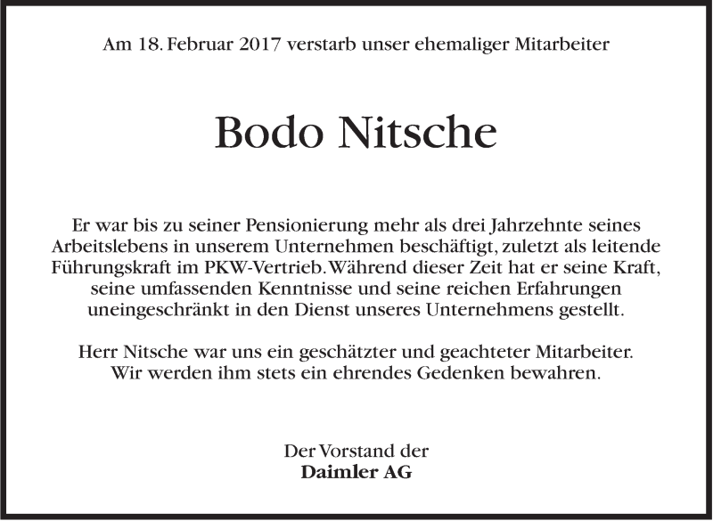  Traueranzeige für Bodo Nitsche vom 24.03.2017 aus Stuttgarter Zeitung / Stuttgarter Nachrichten