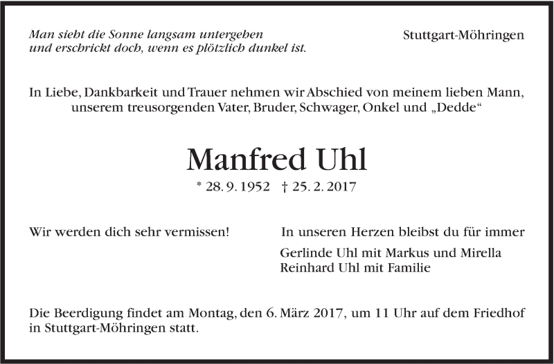  Traueranzeige für Manfred Uhl vom 02.03.2017 aus Stuttgarter Zeitung / Stuttgarter Nachrichten