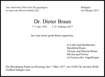 Traueranzeige von Dieter Braun von Stuttgarter Zeitung / Stuttgarter Nachrichten