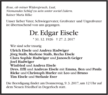 Traueranzeige von Edgar Eisele von Stuttgarter Zeitung / Stuttgarter Nachrichten