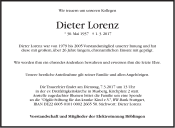 Traueranzeige von Dieter Lorenz von Stuttgarter Zeitung / Stuttgarter Nachrichten