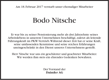 Traueranzeige von Bodo Nitsche von Stuttgarter Zeitung / Stuttgarter Nachrichten