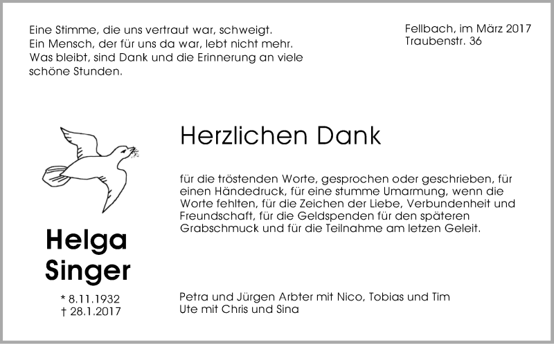  Traueranzeige für Helga Singer vom 04.03.2017 aus Stuttgarter Zeitung / Stuttgarter Nachrichten
