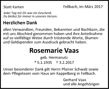 Traueranzeige von Rosemarie Vaas von Stuttgarter Zeitung / Stuttgarter Nachrichten