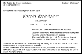 Traueranzeige von Karola Wohlfahrt von Stuttgarter Zeitung / Stuttgarter Nachrichten