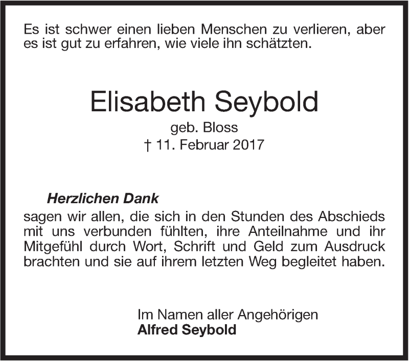  Traueranzeige für Elisabeth Seybold vom 11.03.2017 aus Stuttgarter Zeitung / Stuttgarter Nachrichten