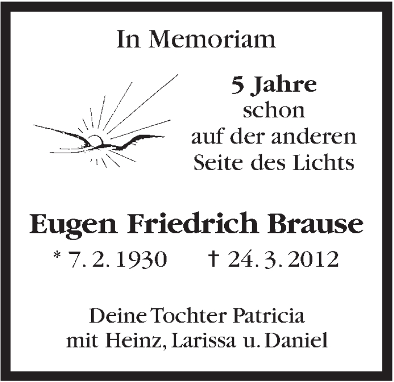  Traueranzeige für Eugen Friedrich Brause  vom 24.03.2017 aus Stuttgarter Zeitung / Stuttgarter Nachrichten