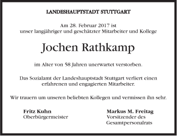 Traueranzeige von Jochen Rathkamp von Stuttgarter Zeitung / Stuttgarter Nachrichten