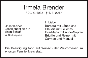 Traueranzeige von Irmela Brender von Stuttgarter Zeitung / Stuttgarter Nachrichten