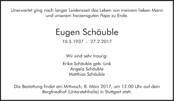 Traueranzeige von Eugen Schäuble von Stuttgarter Zeitung / Stuttgarter Nachrichten