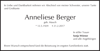Traueranzeige von Anneliese Berger von Stuttgarter Zeitung / Stuttgarter Nachrichten