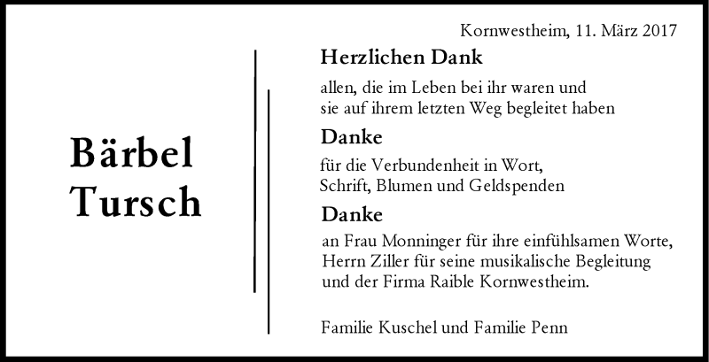  Traueranzeige für Bärbel Tursch vom 11.03.2017 aus Stuttgarter Zeitung / Stuttgarter Nachrichten
