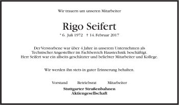 Traueranzeige von Rigo Seifert von Stuttgarter Zeitung / Stuttgarter Nachrichten