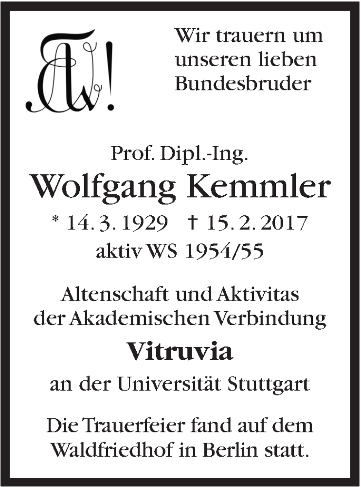 Traueranzeige für Wolfgang Kemmler vom 04.03.2017 aus Stuttgarter Zeitung / Stuttgarter Nachrichten