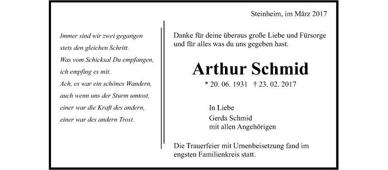  Traueranzeige für Arthur Schmid vom 16.03.2017 aus Stuttgarter Zeitung / Stuttgarter Nachrichten
