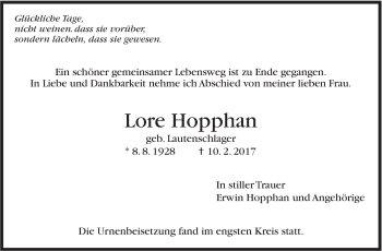 Traueranzeige von Lore Hopphan von Stuttgarter Zeitung / Stuttgarter Nachrichten
