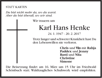 Traueranzeige von Karl Hans Henke von Stuttgarter Zeitung / Stuttgarter Nachrichten