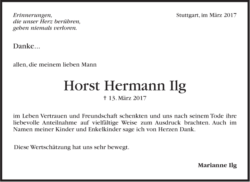  Traueranzeige für Horst Hermann Ilg vom 01.04.2017 aus Stuttgarter Zeitung / Stuttgarter Nachrichten