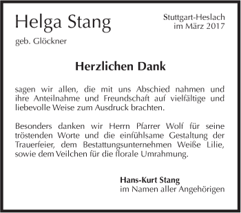 Traueranzeige von Helga Stang von Stuttgarter Zeitung / Stuttgarter Nachrichten