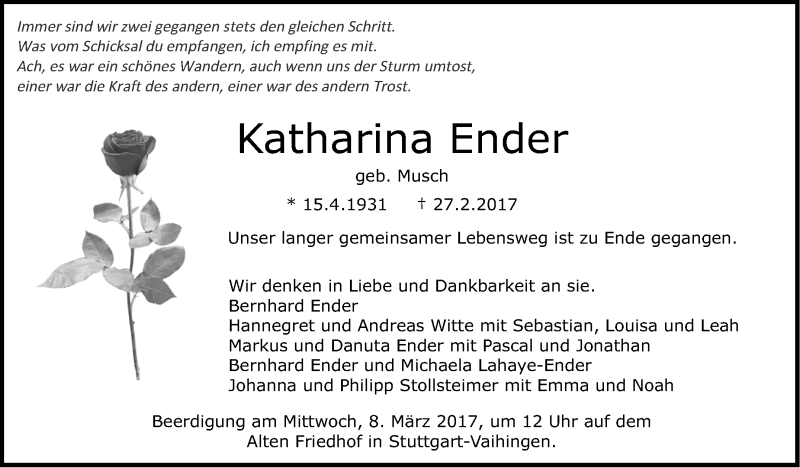  Traueranzeige für Katharina Ender vom 04.03.2017 aus Stuttgarter Zeitung / Stuttgarter Nachrichten