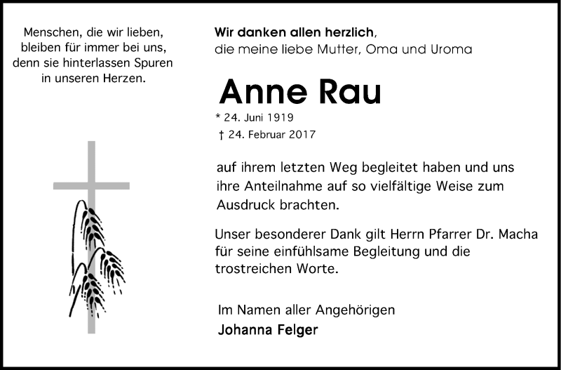  Traueranzeige für Anne Rau vom 25.03.2017 aus Stuttgarter Zeitung / Stuttgarter Nachrichten