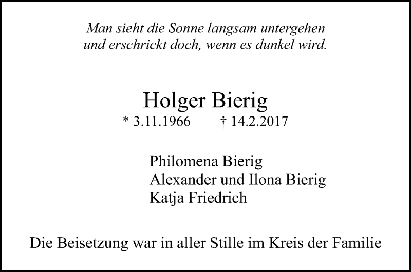  Traueranzeige für Holger Bierig vom 17.03.2017 aus Stuttgarter Zeitung / Stuttgarter Nachrichten