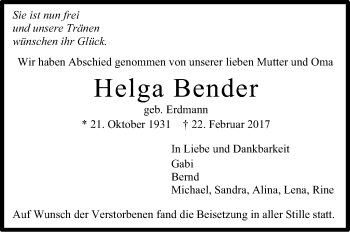 Traueranzeige von Helga Bender von Stuttgarter Zeitung / Stuttgarter Nachrichten
