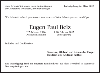 Traueranzeige von Eugen Paul Belz von Stuttgarter Zeitung / Stuttgarter Nachrichten