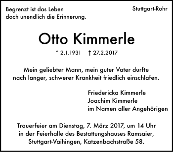 Traueranzeige von Otto Kimmerle von Stuttgarter Zeitung / Stuttgarter Nachrichten