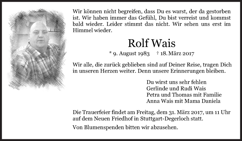  Traueranzeige für Rolf Wais vom 28.03.2017 aus Stuttgarter Zeitung / Stuttgarter Nachrichten