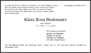 Traueranzeige von Klara Rosa Braitmaier von Stuttgarter Zeitung / Stuttgarter Nachrichten