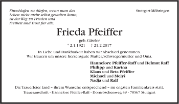 Traueranzeige von Frieda Pfeiffer von Stuttgarter Zeitung / Stuttgarter Nachrichten