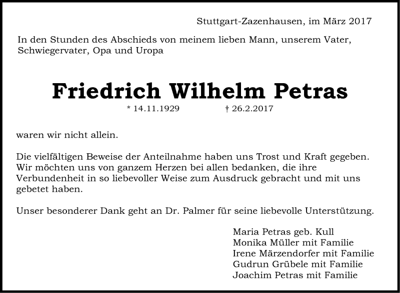  Traueranzeige für Friedrich Wilhelm Petras vom 17.03.2017 aus Stuttgarter Zeitung / Stuttgarter Nachrichten