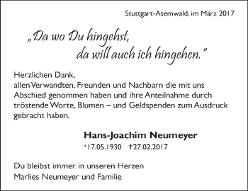 Traueranzeige von Hans-Joachim Neumeyer von Stuttgarter Zeitung / Stuttgarter Nachrichten