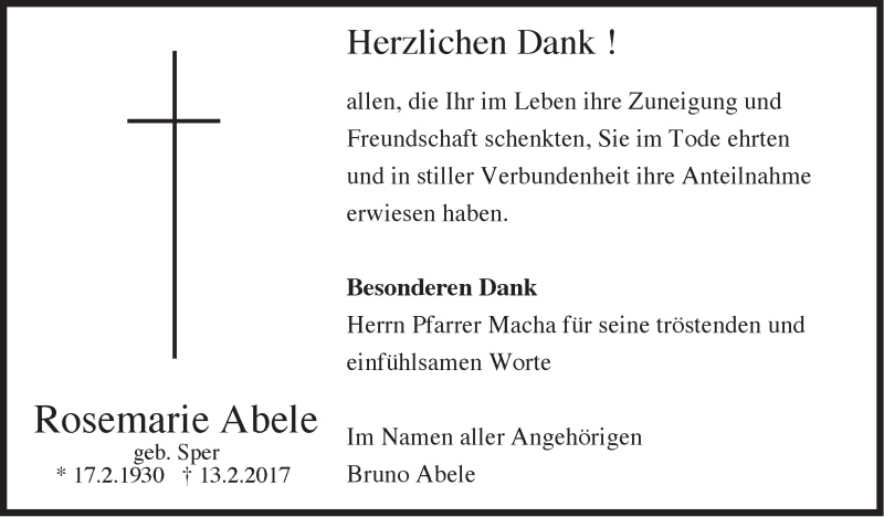  Traueranzeige für Rosemarie Abele vom 10.03.2017 aus Stuttgarter Zeitung / Stuttgarter Nachrichten