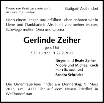 Traueranzeige von Gerlinde Zeiher von Stuttgarter Zeitung / Stuttgarter Nachrichten