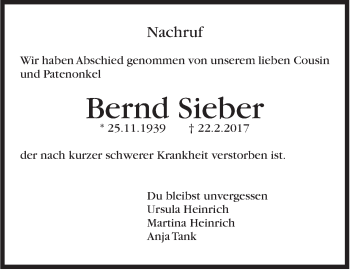 Traueranzeige von Bernd Sieber von Stuttgarter Zeitung / Stuttgarter Nachrichten