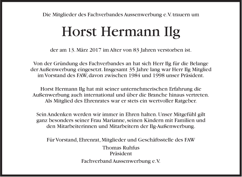  Traueranzeige für Horst Hermann Ilg vom 18.03.2017 aus Stuttgarter Zeitung / Stuttgarter Nachrichten