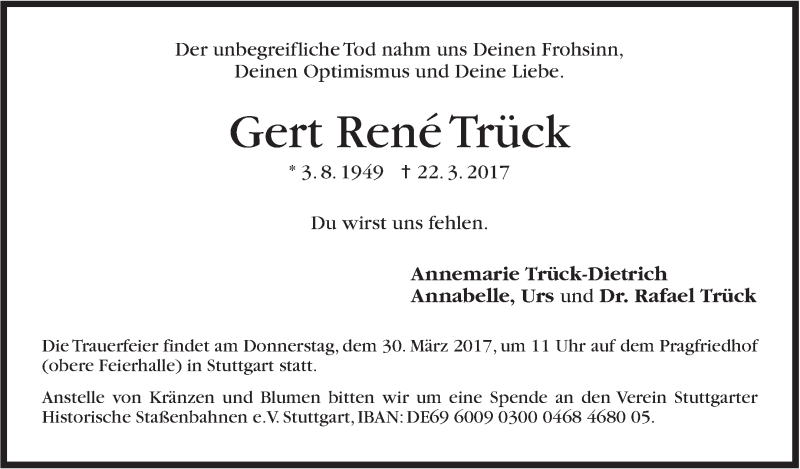  Traueranzeige für Gert René Trück vom 28.03.2017 aus Stuttgarter Zeitung / Stuttgarter Nachrichten