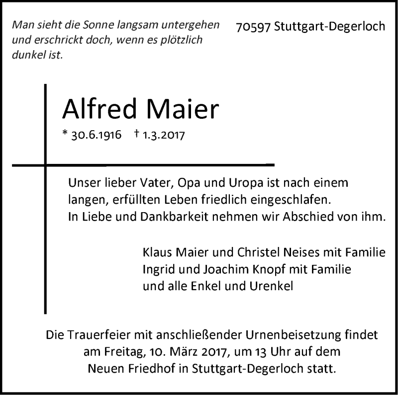 Traueranzeige für Alfred Maier vom 07.03.2017 aus Stuttgarter Zeitung / Stuttgarter Nachrichten