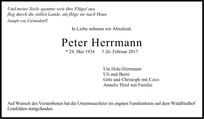  Traueranzeige für Peter Herrmann vom 17.03.2017 aus Stuttgarter Zeitung / Stuttgarter Nachrichten
