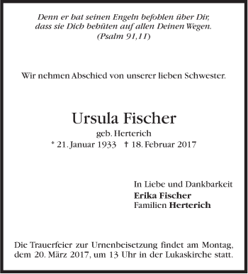 Traueranzeige von Ursula Fischer von Stuttgarter Zeitung / Stuttgarter Nachrichten