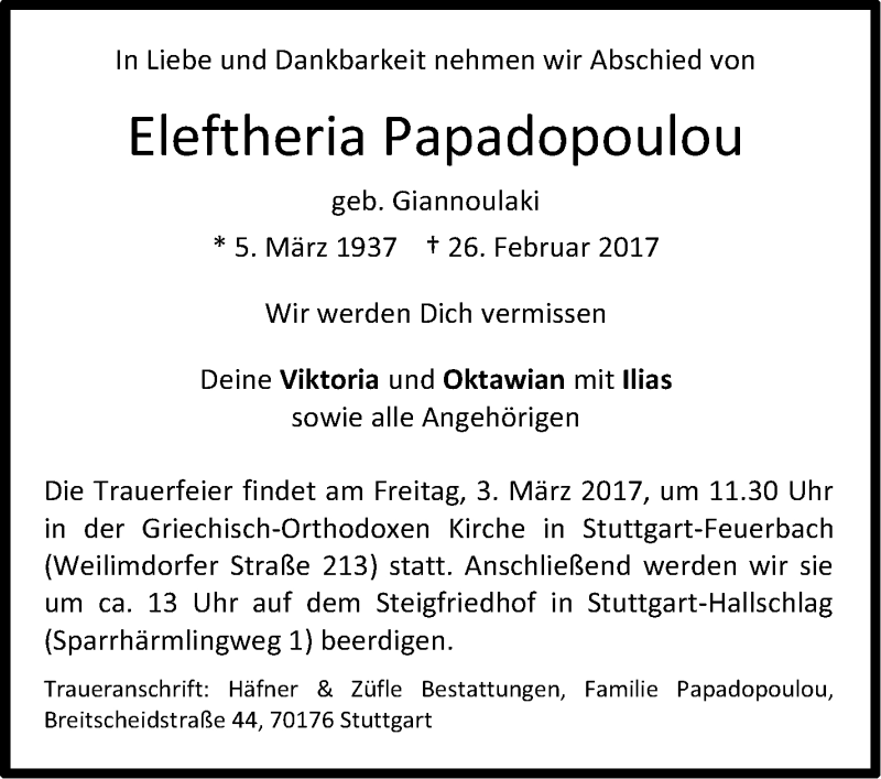  Traueranzeige für Eleftheria Papadopoulou vom 01.03.2017 aus Stuttgarter Zeitung / Stuttgarter Nachrichten