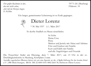 Traueranzeige von Dieter Lorenz von Stuttgarter Zeitung / Stuttgarter Nachrichten