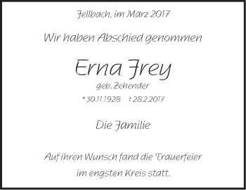 Traueranzeige von Erna Frey von Stuttgarter Zeitung / Stuttgarter Nachrichten