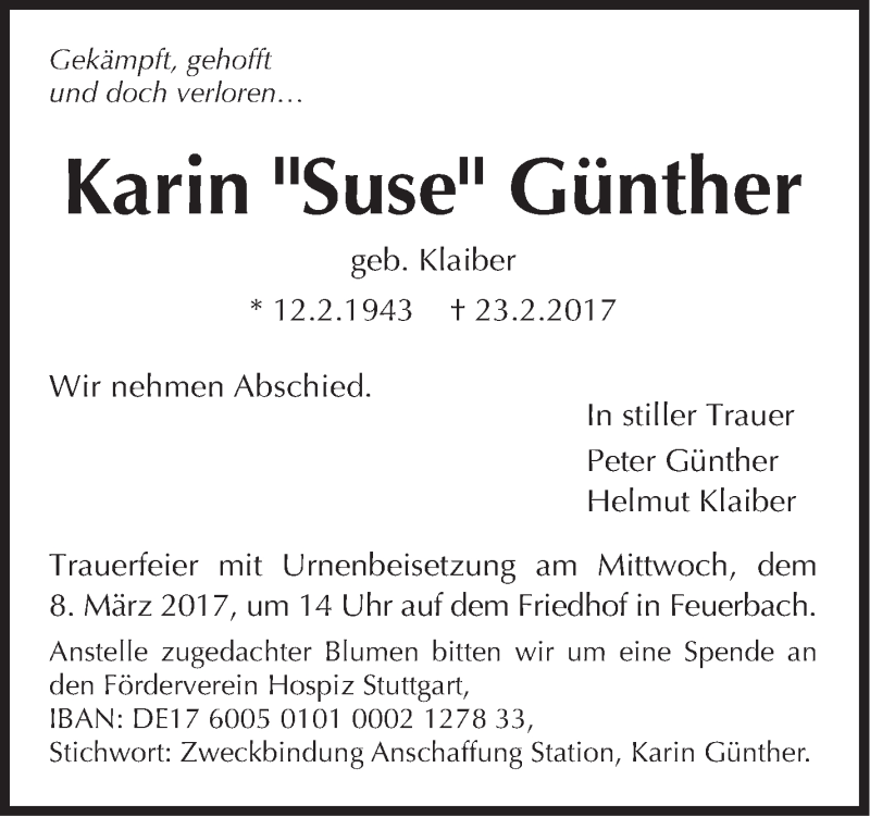  Traueranzeige für Karin Günther vom 02.03.2017 aus Stuttgarter Zeitung / Stuttgarter Nachrichten
