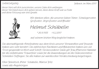 Traueranzeige von Helmut Schübelin von Stuttgarter Zeitung / Stuttgarter Nachrichten