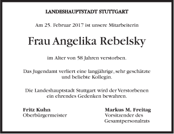 Traueranzeige von Angelika Rebelsky von Stuttgarter Zeitung / Stuttgarter Nachrichten